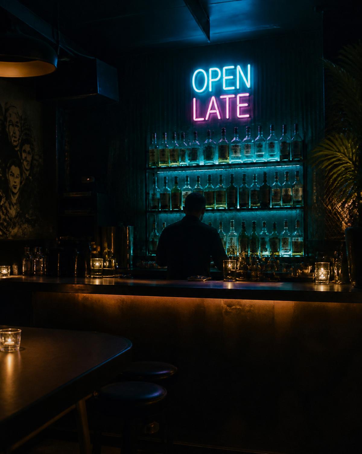 Cyan and pink Open Late neon sign behind a dark cocktail bar