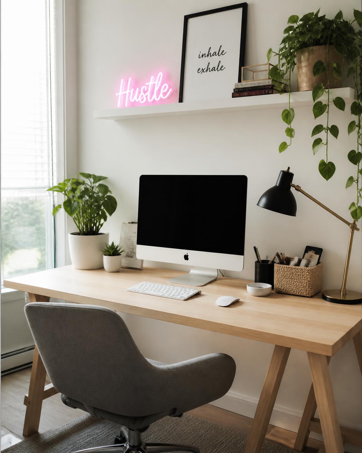 Pink neon sign reading Hustle on a shelf in a bright home office